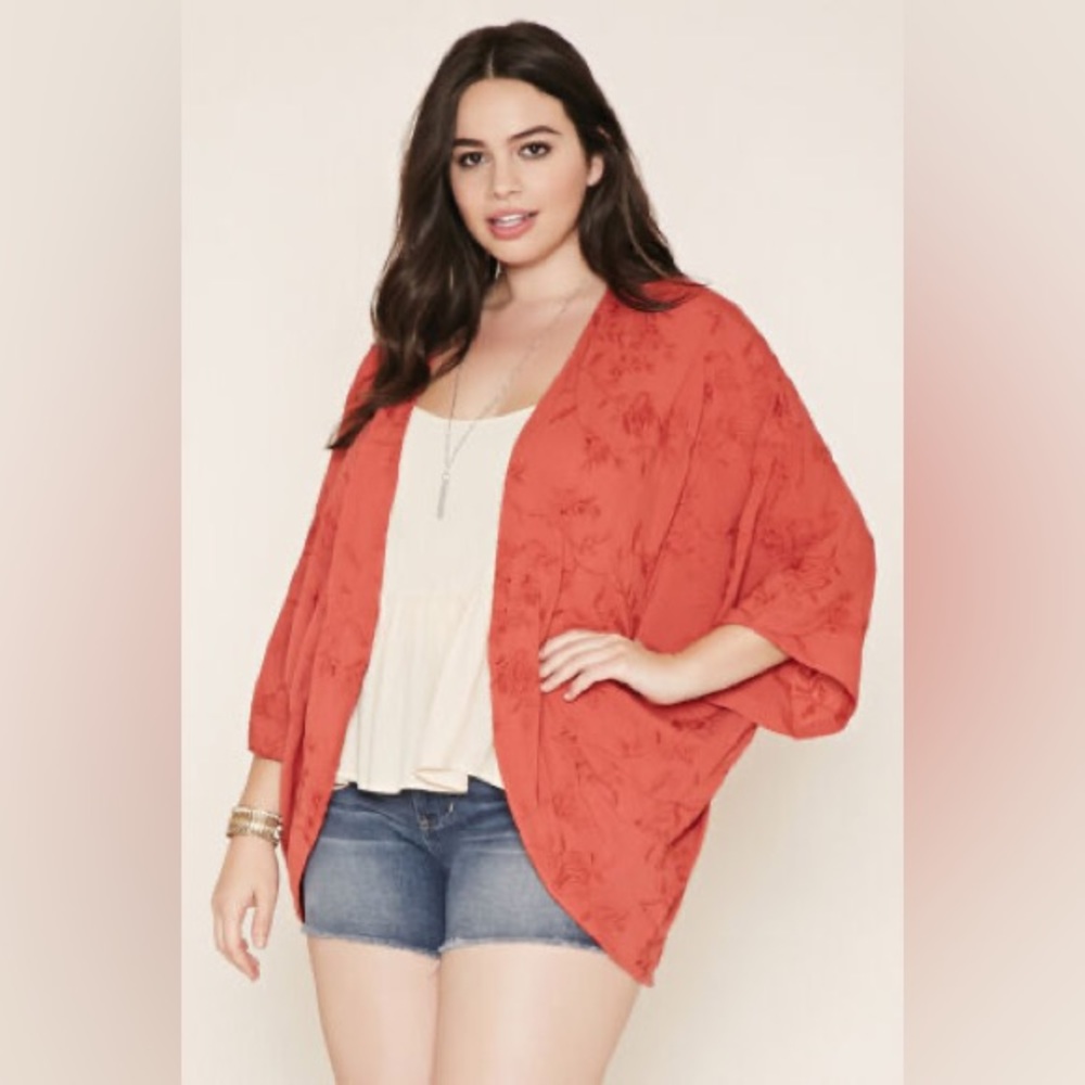 FOREVER 21 + PLUS SIZES Rust Embroidered Kimono size 0X